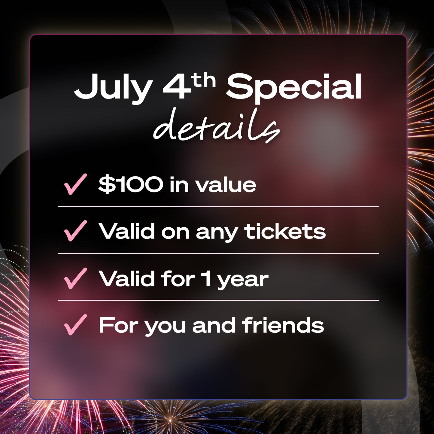 ☆ July 4th ☆ $100 event credit for $50