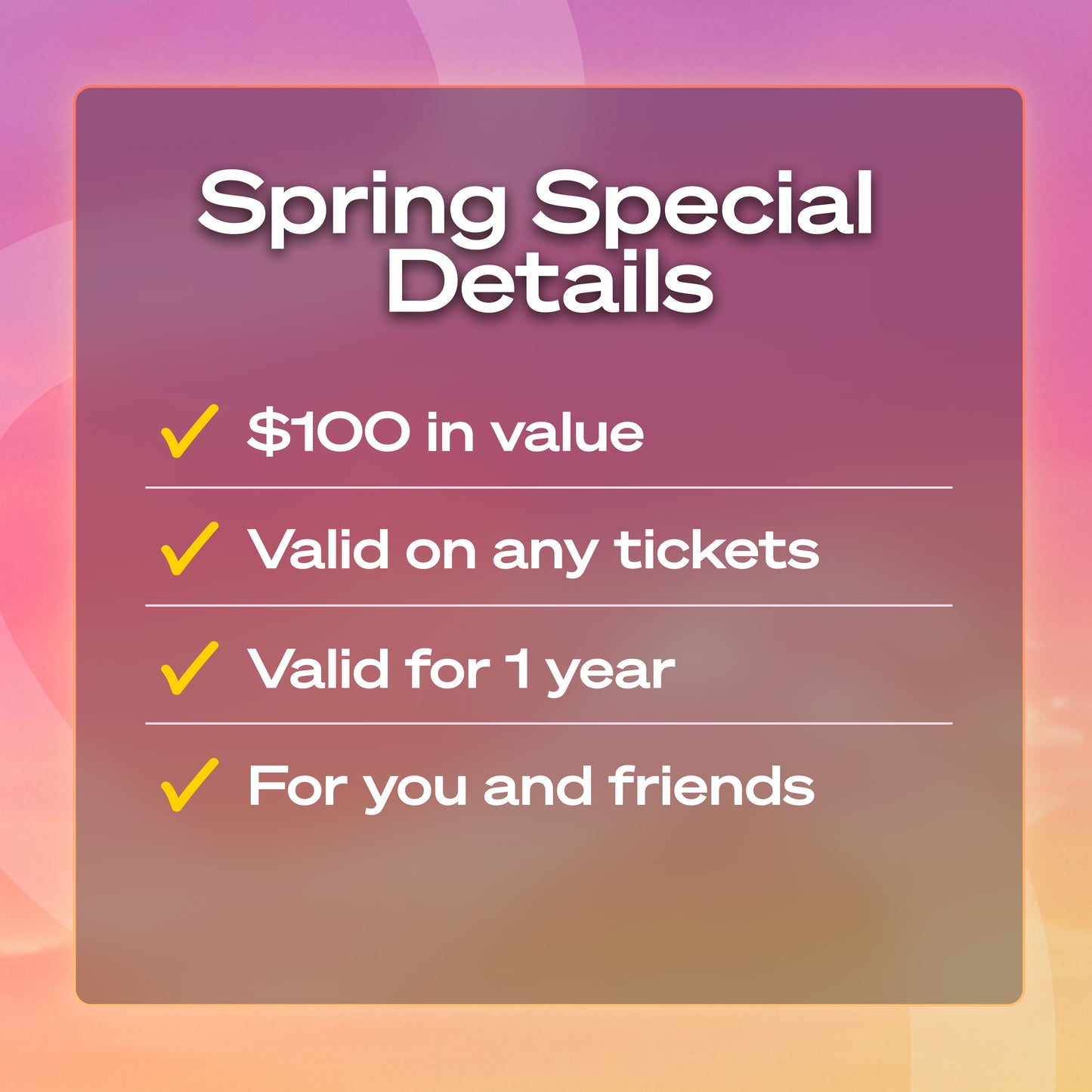 Spring Special - $100 event credit for $50 💛